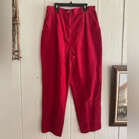 Vintage 80s/90s Women Charter Club Hi-Rise Red Ribbed Corduroy Pleated Pants 12 - Picture 1 of 9